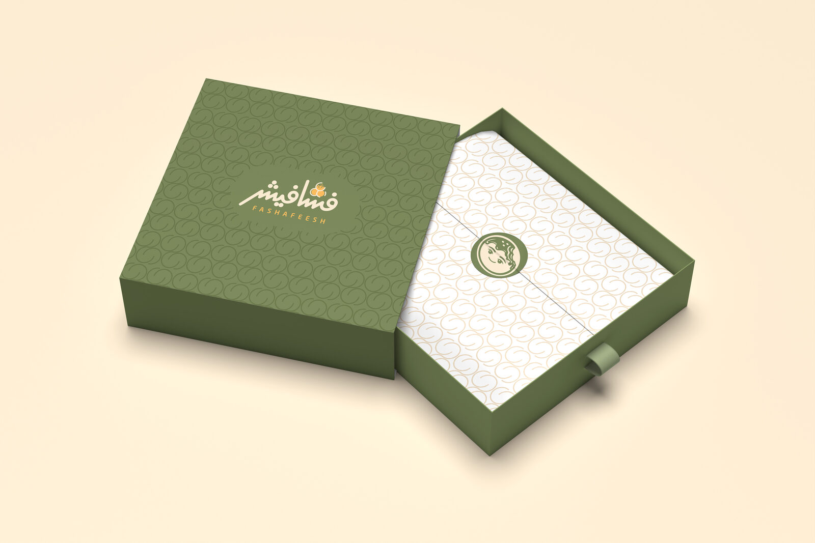 Two-piece olive gift box with cream-colored inner wrap and circular Fashfoosh face seal