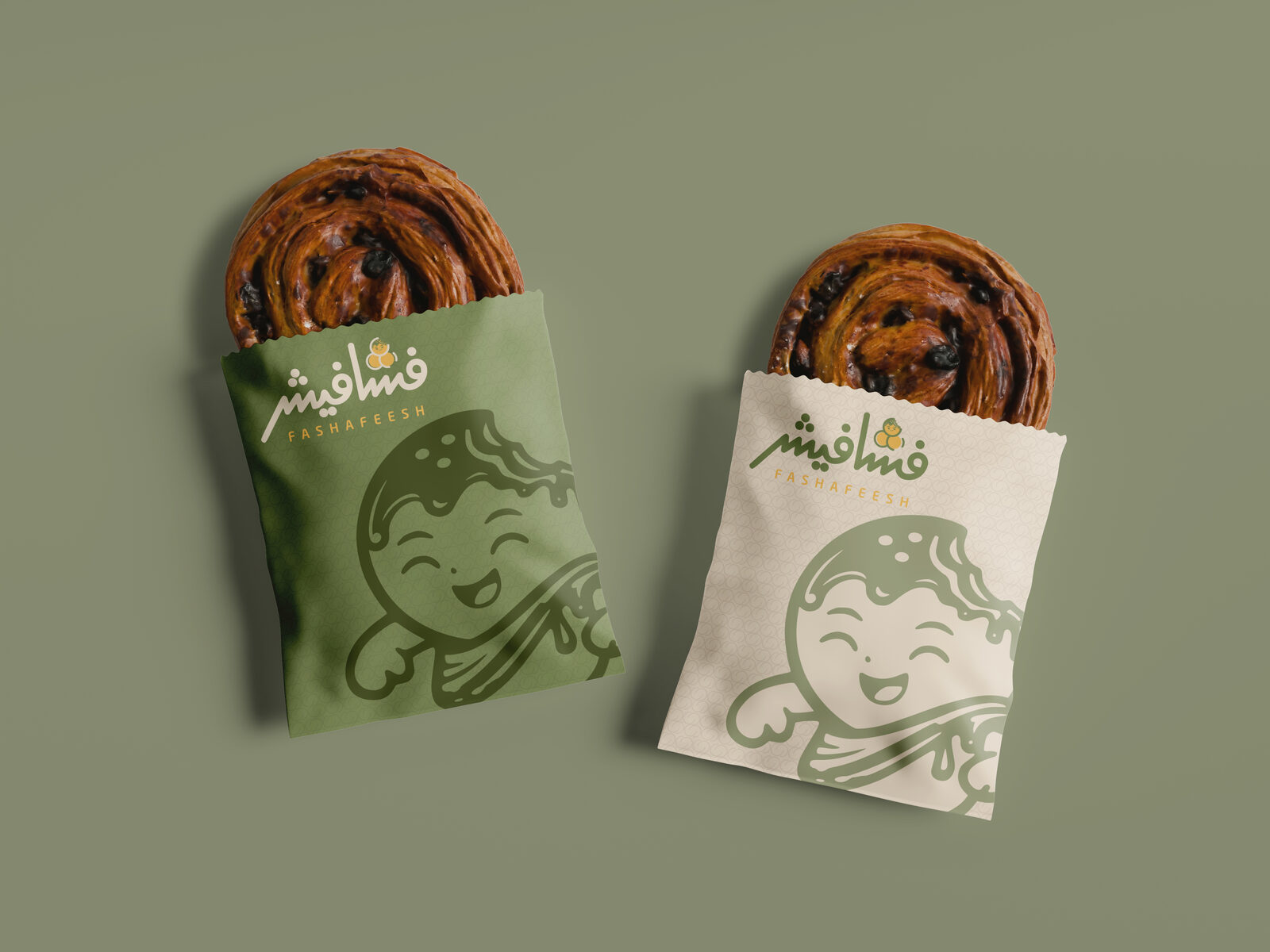 Two pastry bags holding chocolate babka-style pastries — olive and cream variants with smiling Fashfoosh graphic
